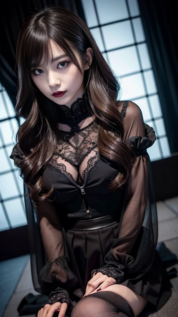 best quality、ultra-detailed、、Japanese、Japanese、Seductive beauty、seductive adult woman、Pretty Woman、cool girl、smirk、Wicked Smile、Villainess、brainwash makeup、Brainwashed、brainwash、Fallen into evil、Evil look、evil、Brown hair、wavy hair、swept bangs、dark makeup、piercing eyes、hollow eyes,half-closed eyes、Hollow Eyes、purple Eyeshadow、black lipstick、black lipglos、black elegant dress、wide sleeve、Black flared skirt、lace fabric gloves、stockings、pantyhose、night、inside darkroom、lipstick、Holding a needle、Are standing、Look、Offer、shoot from below、Swear allegiance、I have pledged my allegiance、Female Combatant、Evil female executive、brainwashing、Fallen into evil、Fall into Darkness