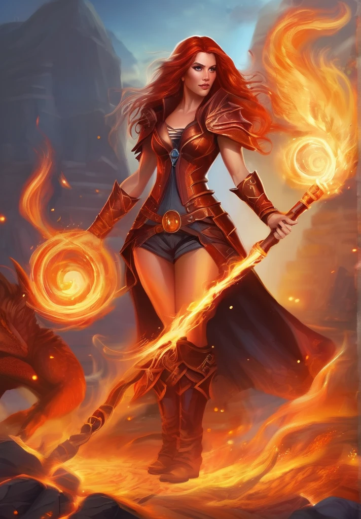 a beautiful and strong fire sorceress with the powers of volcanic might summoning fire and lava around her with fire red long hair wearing leather thigh high boots and leather mini shorts, holding a magic staff and casting fire a fireball spell, while her hair is on fire and has a baby indigo dragon on her shoulders and a spellbook on her hip, wearing a feathered cloack around her shoulders