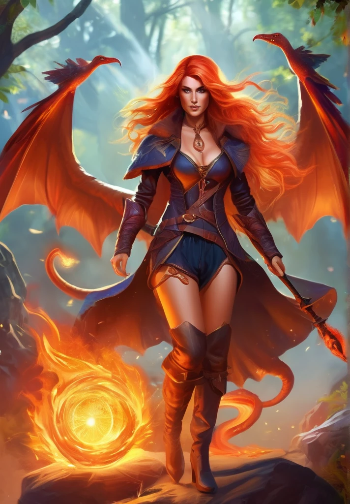 a beautiful and strong fire sorceress with the powers of volcanic might summoning fire and lava around her with fire red long hair wearing leather thigh high boots and leather mini shorts, holding a magic staff and casting fire a fireball spell, while her hair is on fire and has a baby indigo dragon on her shoulders and a spellbook on her hip, wearing a feathered cloack around her shoulders