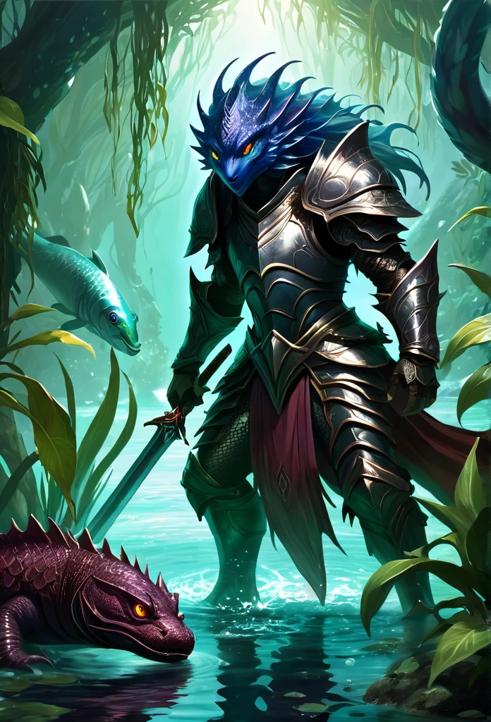 
   - "A Lonely Warrior, Kaelith, in a defensive position with sword in hand, confronting a monster aquatic creature have shiny scales and evil eyes, and Kaelith is surrounded by dense vegetation and muddy waters. 