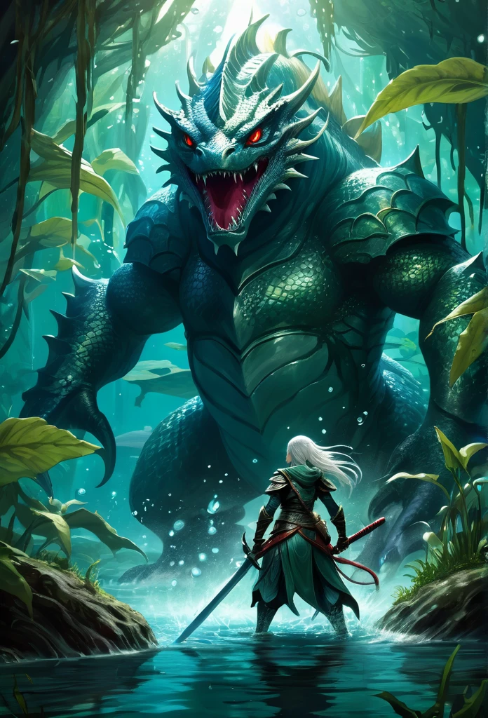- "A Lonely Warrior, Kaelith, in a defensive position with sword in hand, confronting a monster aquatic creature have shiny scales and evil eyes, and Kaelith is surrounded by dense vegetation and muddy waters.