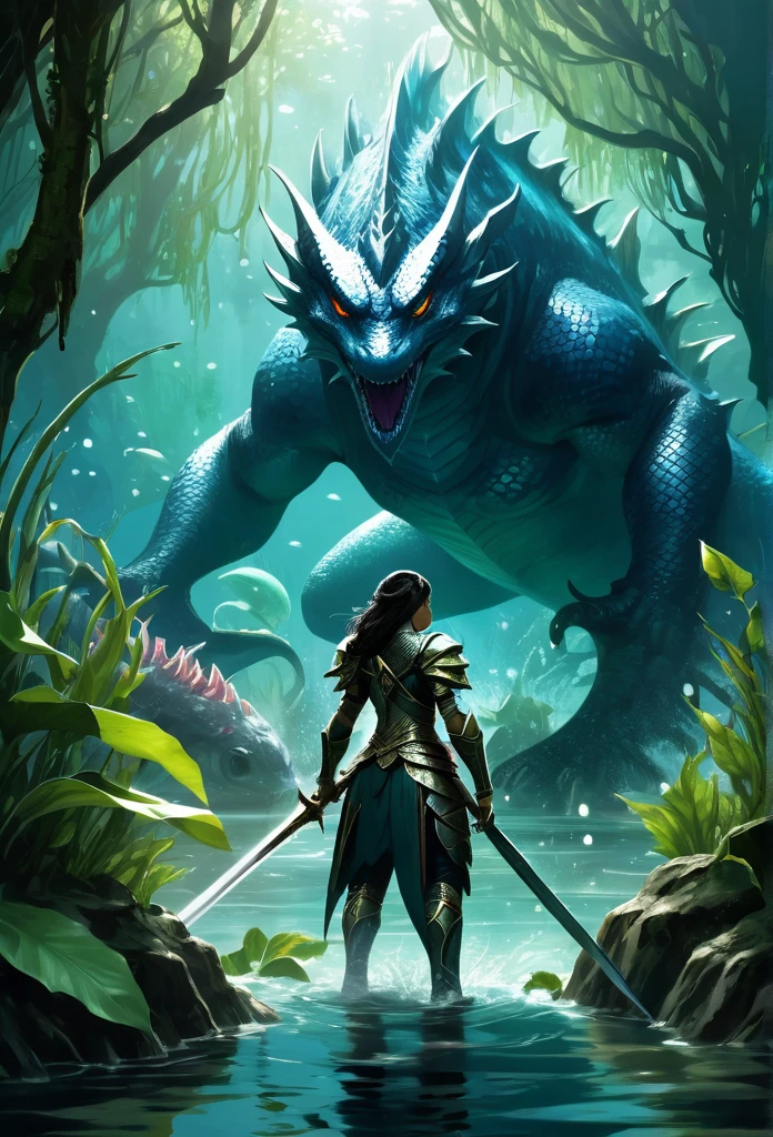 - "A Lonely Warrior, Kaelith, in a defensive position with sword in hand, confronting a monster aquatic creature have shiny scales and evil eyes, and Kaelith is surrounded by dense vegetation and muddy waters.
