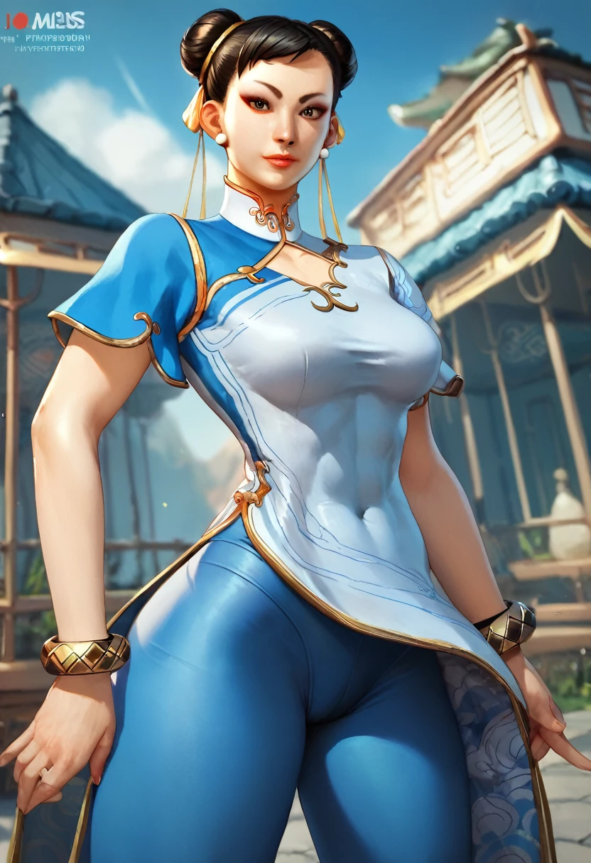 score_9, score_8_up, score_7_up, BREAK, score_9, chunliSDXL, 1girl, solo, breasts, looking at viewer, black hair, dress, brown eyes, jewelry, earrings, pants, hair bun, black footwear, bracelet, double bun, makeup, chinese clothes, china dress, blue pants, tight, leggings, tight pants, flats, cowboy shot