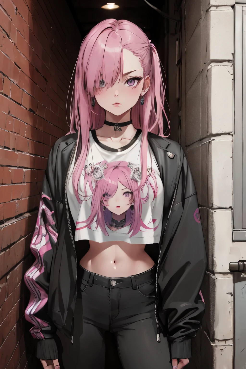 (masterpiece, best quality, 1girl, solo, intricate details, chromatic aberration), realistic, ((medium breath)),long hair, pink hair, red head ornament, pink highlights, hair over one eye,purple eyes, earrings, sharp eyes, choker, neon shirt, open jacket, crop top, (symmetry eyes),(perfect symmetrical body),against wall, brick wall, graffiti, dim lighting, alley ,look at viewer