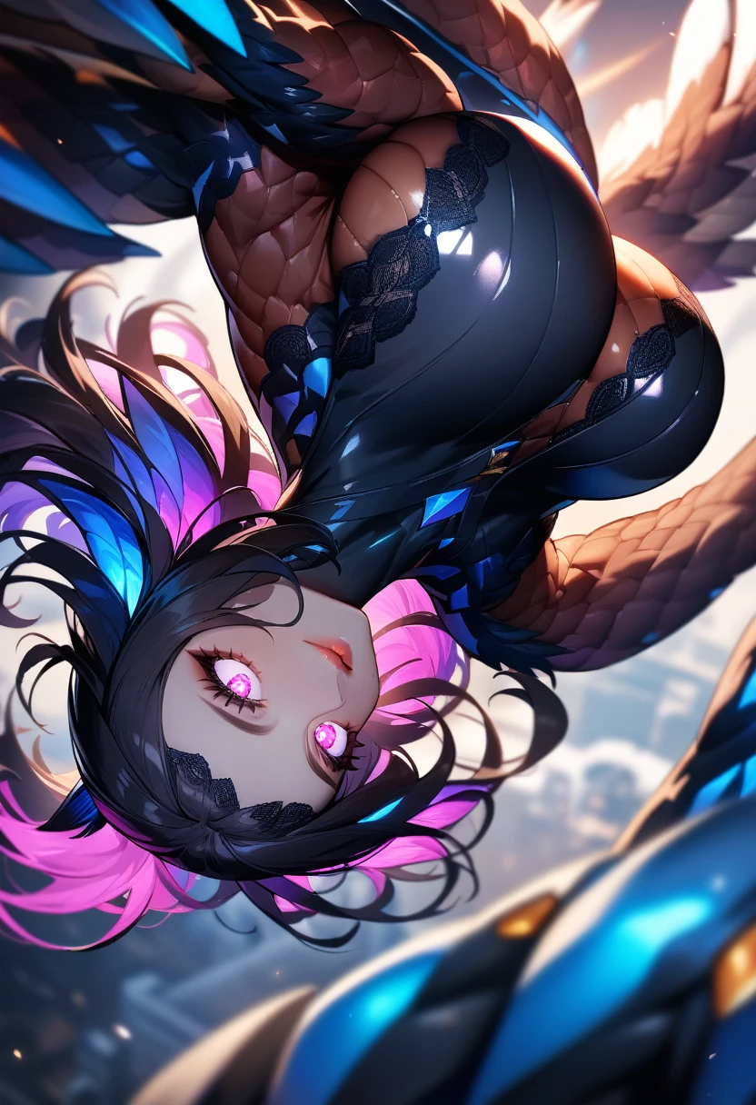 1girl,solo,super detailed skin,shiny skin,expressionless,majestic bird wings, monster skin,bird skin,glowing eyes,eyelashes,lips gloss,claws,large breasts,beautifully shaped breasts,vibrant colors ,flying ,sideways,masterpiece,best quality,ultra detailed,high resolution,sharp focus,depth of field,