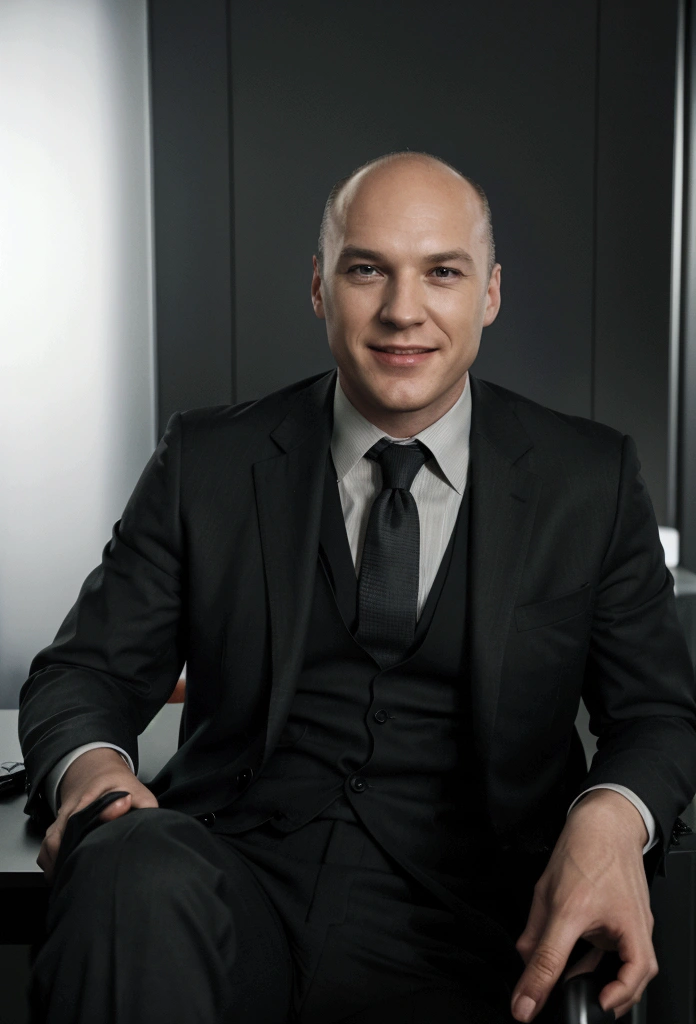 A 40 years old Lex Luthor wearing a black suit, in an office drinking a Martini, Smiling, photoreal