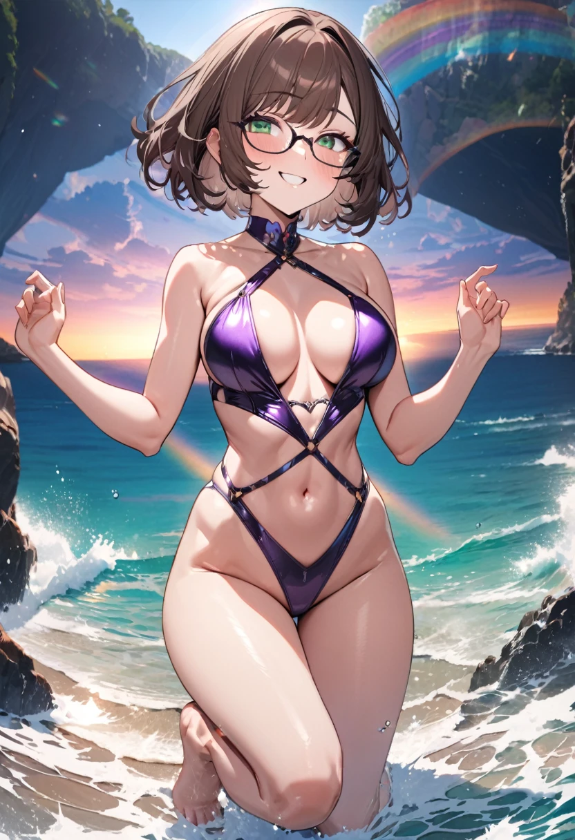 (full body Swimwear style) (beautiful body), (solo:2, 32 yo, bob brown hair short hair cute woman, beautiful green eyes, glasses, happy smile, love mode, medium:1.2 tits), (in a elegant purple detailed leather bikini swimsuit, with Rainbow Pareo, ocean double exposure:1.1), break, in the Swimsuit contest venue, background detailed beautiful Coast, BREAK, perfect anatomy, masterpiece, best quality, 16k, beautiful detailed love, sexy, daydreaming expression.