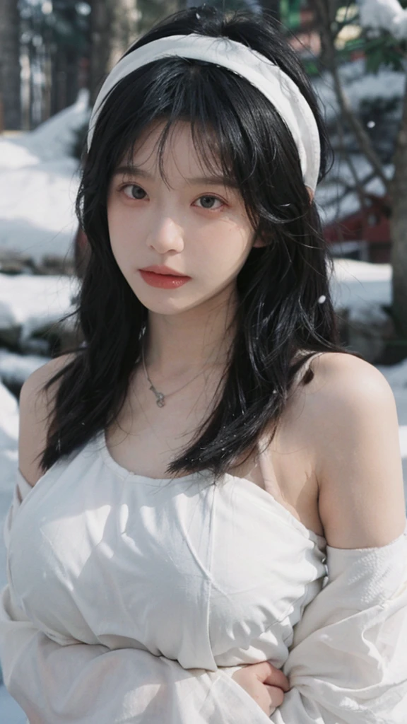 Portrait photography，1 girl，Snow Scene，Snowing background，Flowers，White JK，Bare shoulders，whole body：1.4，Lipstick，(Big Breasts:1.6)，Shoulder-Length Wavy Hair，Wear a necklace，Headband，serene，calm，(Realistic and detailed eyes，Natural skin texture，Realistic facial details)，