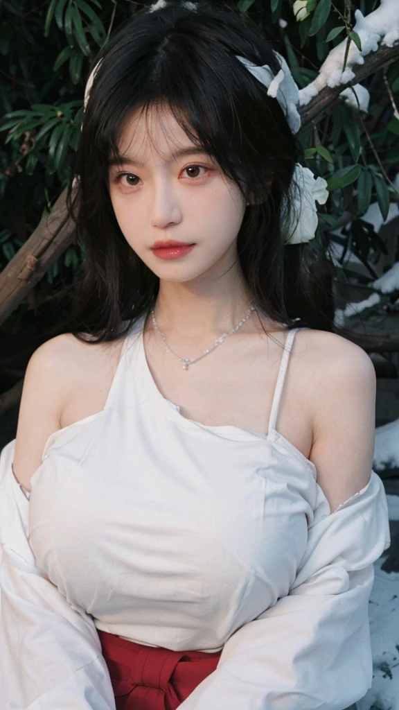 Portrait photography,1 girl,Snow Scene,Snowing background,Flowers,White JK,Bare shoulders,whole body:1.4,Lipstick,(:1.6),Shouldergth Wavy Hair,Wear a necklace,Headband,serene,calm,(Realistic and detailed eyes,Natural skin texture,Realistic facial details),