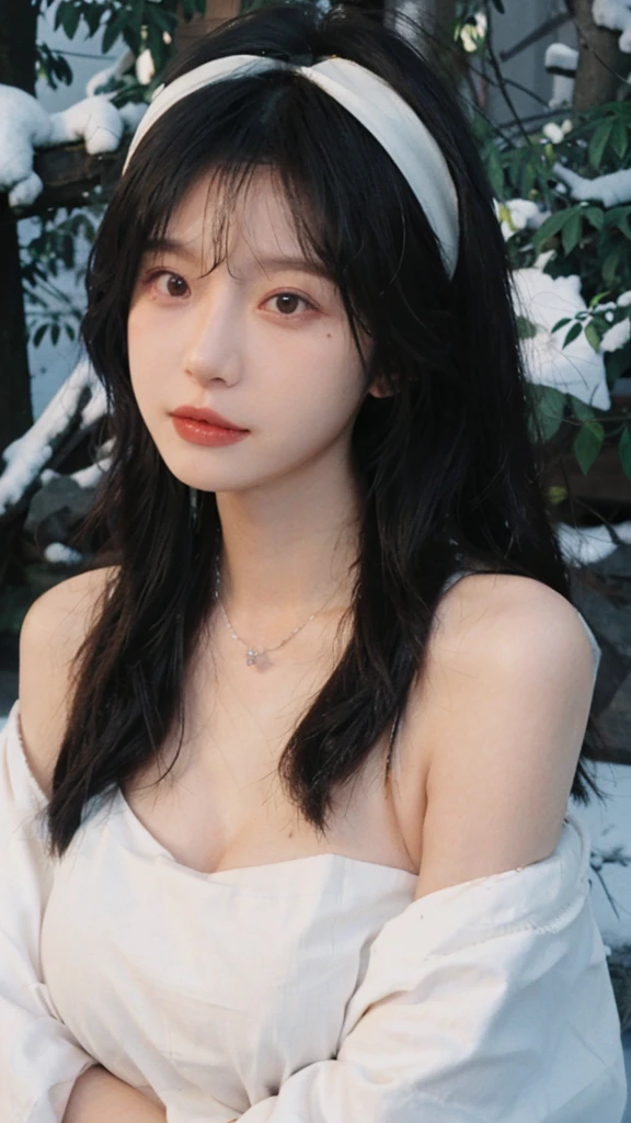 Portrait photography,1 girl,Snow Scene,Snowing background,Flowers,White JK,Bare shoulders,whole body:1.4,Lipstick,(Big Breasts:1.6),Shoulder-Length Wavy Hair,Wear a necklace,Headband,serene,calm,(Realistic and detailed eyes,Natural skin texture,Realistic facial details),