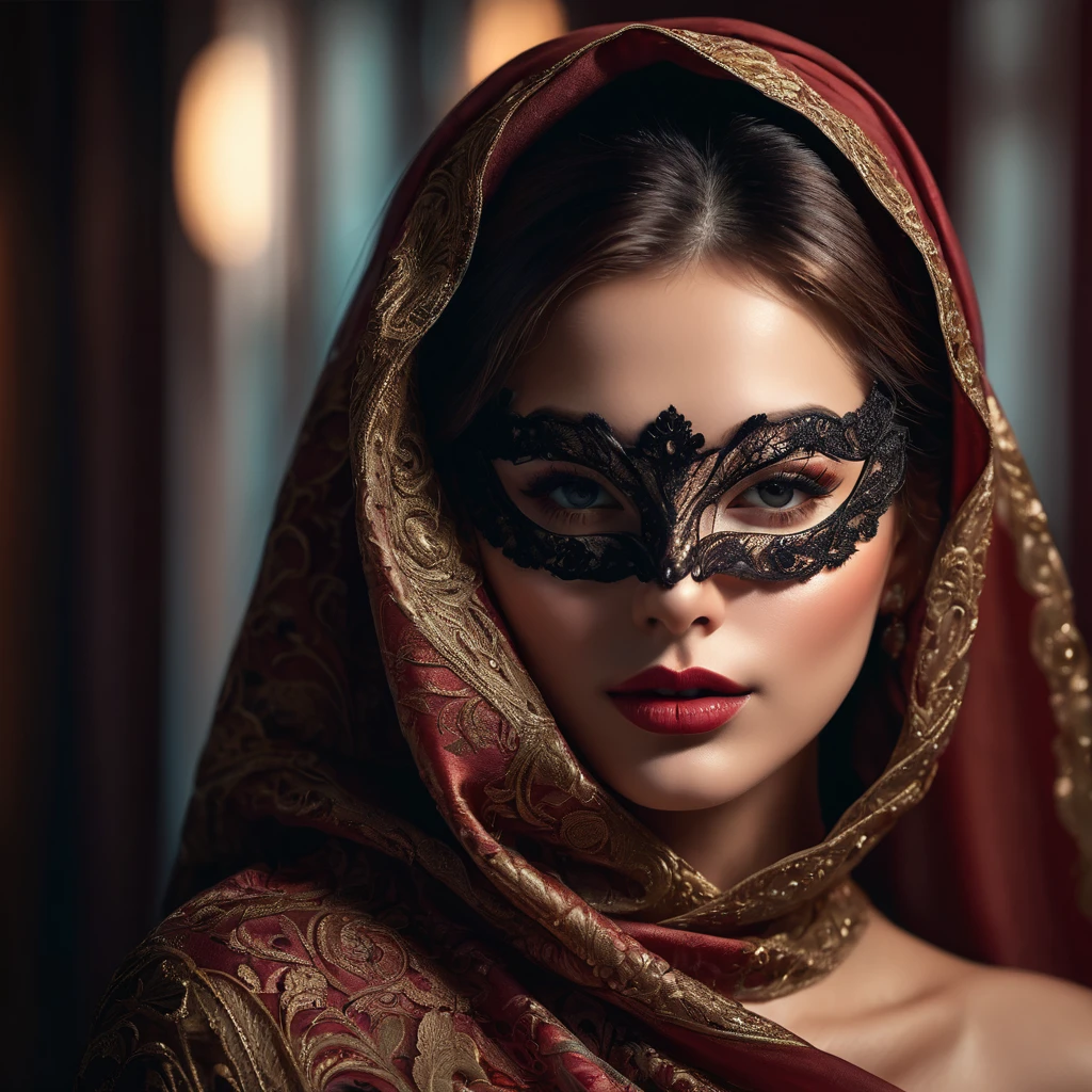 a sensual woman covering her face with a mask, (best quality,4k,8k,highres,masterpiece:1.2),ultra-detailed,(realistic,photorealistic,photo-realistic:1.37),beautiful detailed eyes,beautiful detailed lips,extremely detailed eyes and face,longeyelashes,chiaroscuro lighting,dramatic lighting,dramatic contrast,cinematic,moody,seductive pose,alluring expression,elegant dress,flowing fabric,intricate details,warm colors,soft focus,dramatic shadows,cinematic atmosphere
