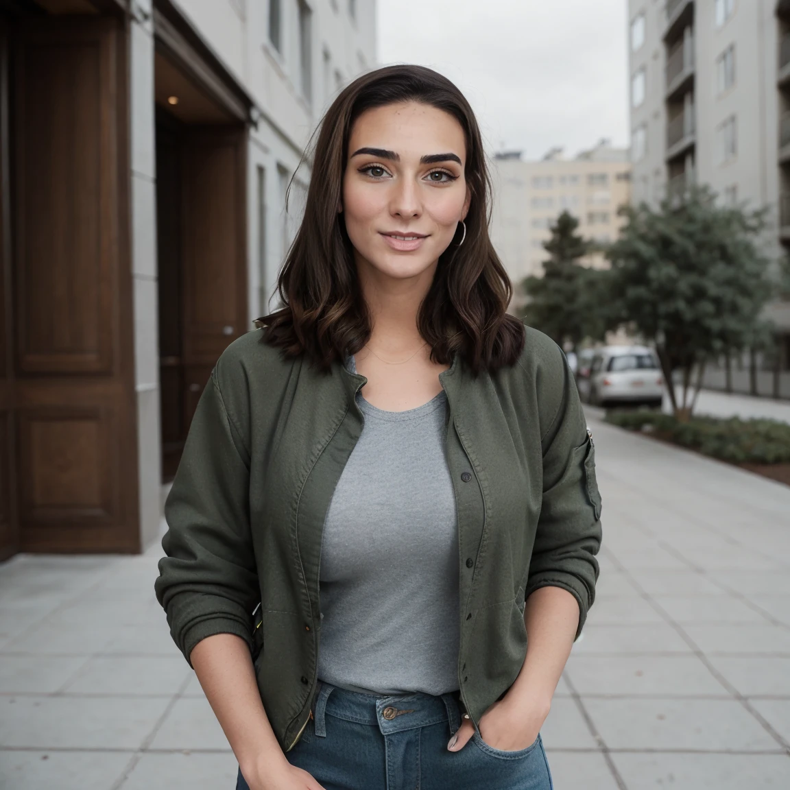 Extremely busty thin and toned brunette photographer, college girl, fair skin, loose side sweep, soft face, athletic, bandana babushka headwrap, tight olive green casual windbreaker, skinny jeans. standing in front of her apartment building, outdoors, city, camera bag, cleavage