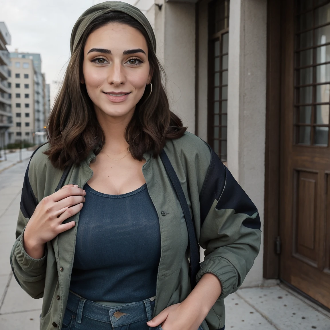 Extremely busty thin and toned brunette photographer, college girl, fair skin, loose side sweep, soft face, athletic, bandana babushka headwrap, tight olive green casual windbreaker, skinny jeans. standing in front of her apartment building, outdoors, city, camera bag, cleavage