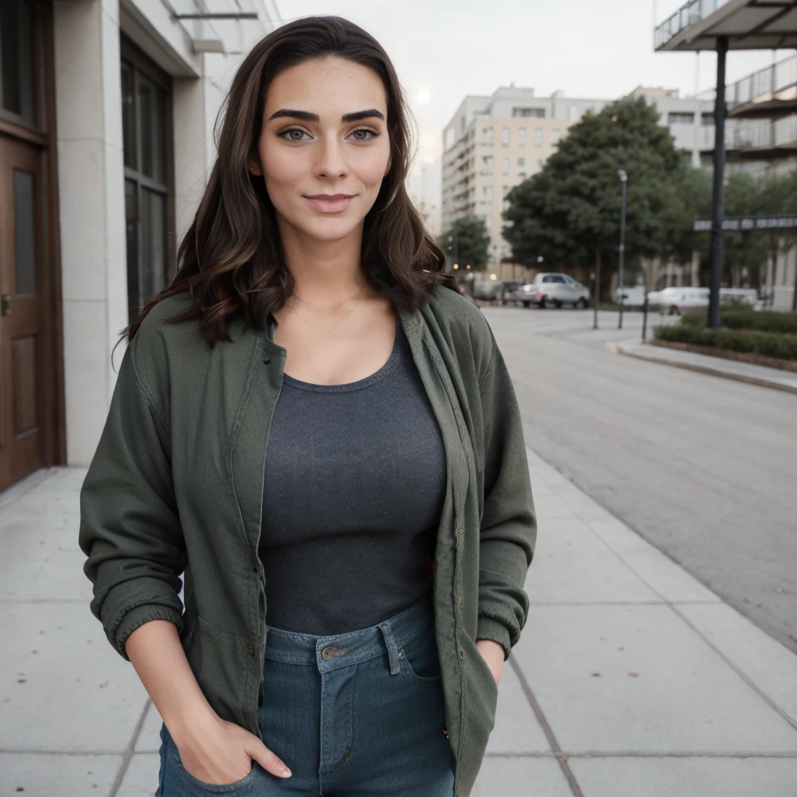Extremely busty thin and toned brunette photographer, college girl, fair skin, loose side sweep, soft face, athletic, bandana babushka headwrap, tight olive green casual windbreaker, skinny jeans. standing in front of her apartment building, outdoors, city, camera bag, cleavage
