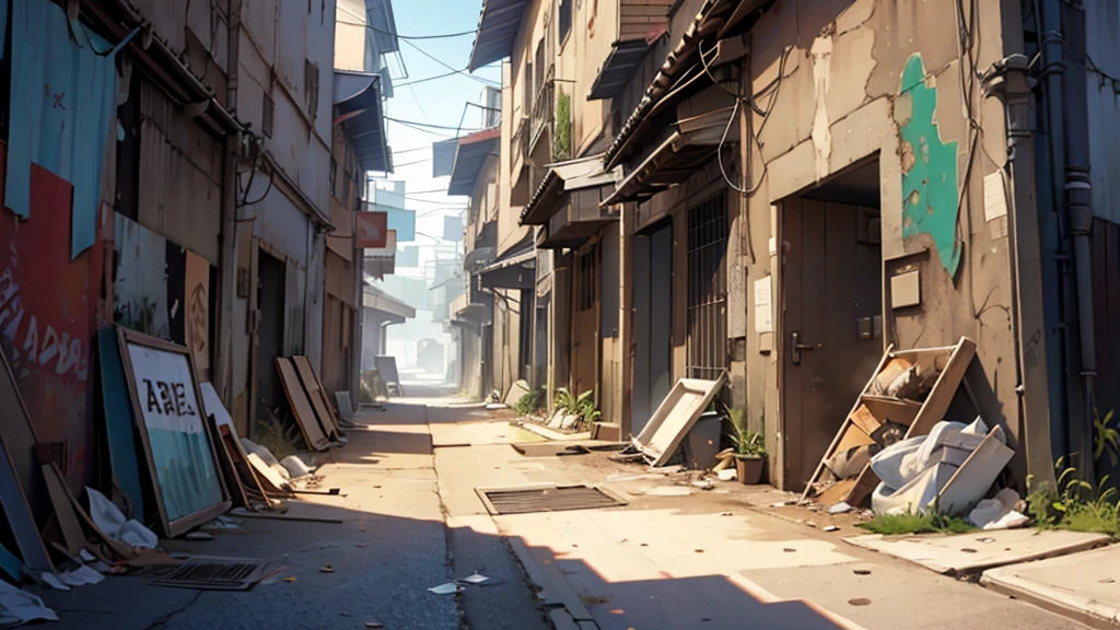 ((best quality)), ((artwork)), ((detailed)), dirty wall with trash on the ground, precarious setting