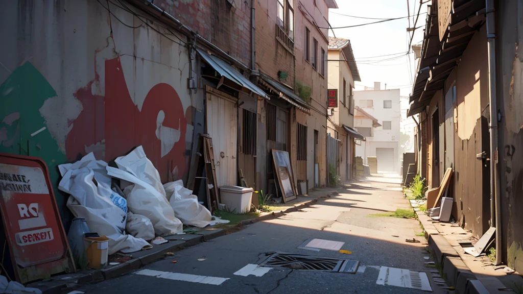 ((best quality)), ((artwork)), ((detailed)), dirty wall with trash on the ground, precarious setting