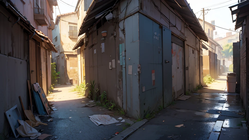 ((best quality)), ((artwork)), ((detailed)), dirty wall with trash on the ground, precarious setting
