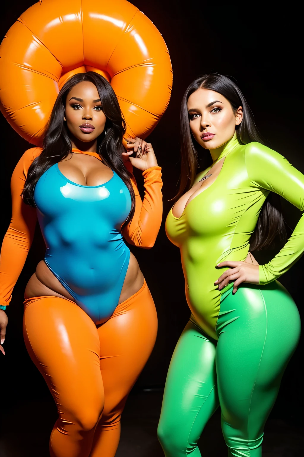 Objective: Capturing the essence of a bold and empowering duo,
Attire: Neon orange outfits with inflatable parts, exaggerated curves, and bio-translucent slime, featuring large y sleeves, tight pants, and thigh-high boots,
Personality: Confident, charismatic, and unapologetically feminine, exuding a sense of fun and rebelliousness,
Physique: Genetically modified to have the widest hips in the world with the smallest chest in the world, showcasing a (bottom-heavy, superior) body part,
Location: Set against the backdrop of a vibrant balloon carnival, with