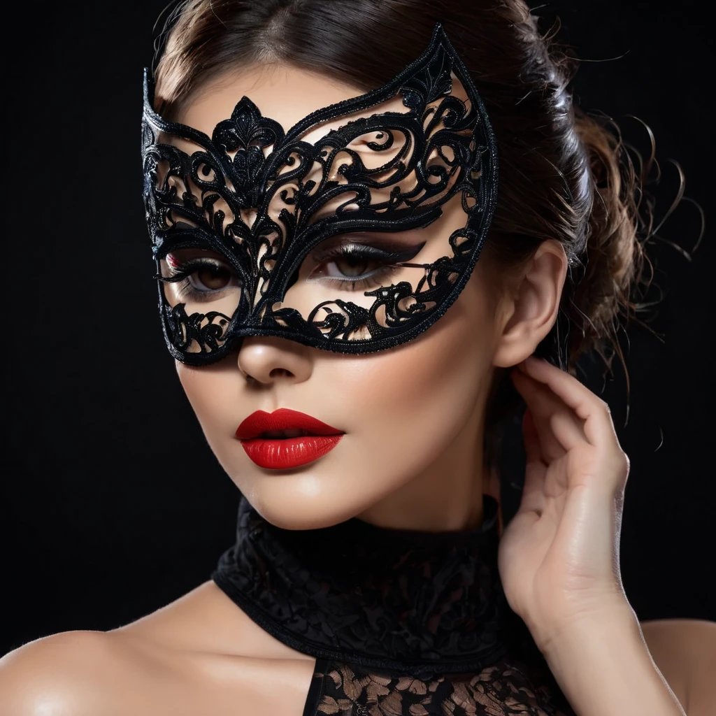 woman with a sensual mask, fashion sexy, black background, 8K