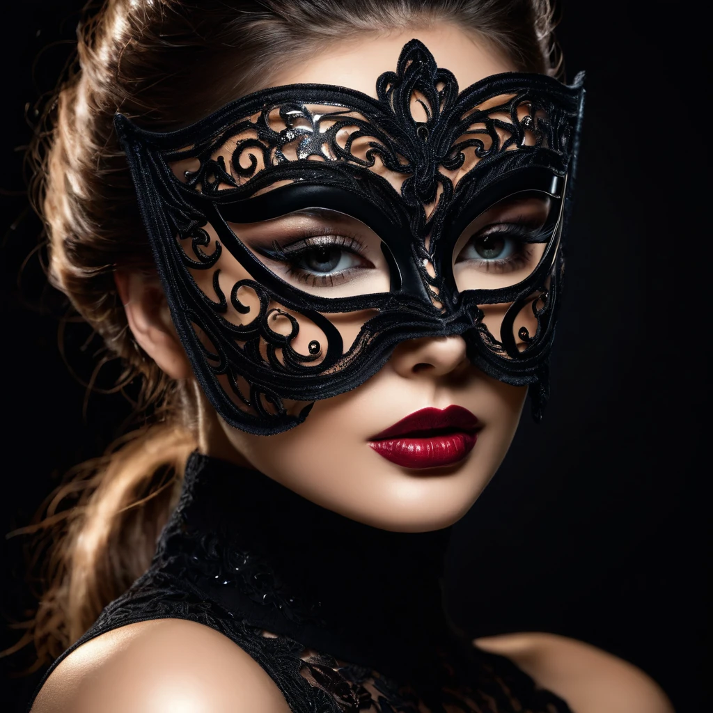 woman with a sensual mask, fashion sexy, black background, 8K