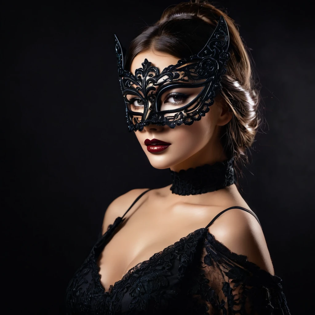 woman with a sensual mask, fashion sexy, black background, 8K