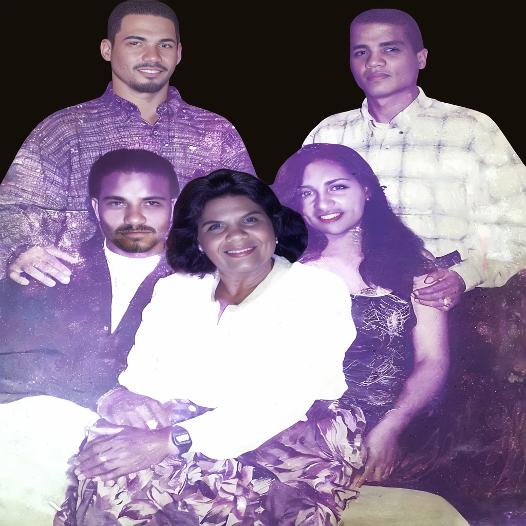 Photoof a group portrait of a family, likely from the 70s or 80s, with a man and woman on the left, two men in the center, and a man and woman on the right.
