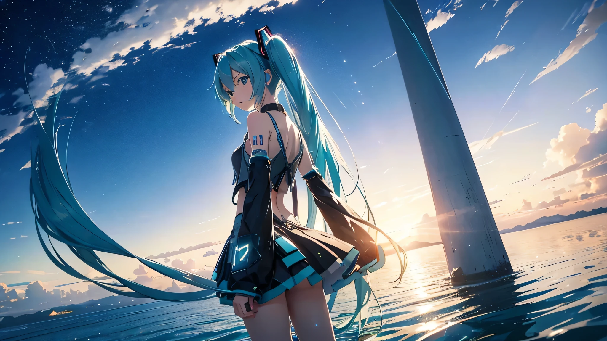 Please draw Hatsune Miku in detail using upscale。The background is just the sky and horizon of an infinite digital world.、Light particles and electronic ripples are the only decoration。Miku&#39;s costume has a simple and modern design.、Her presence stands out in this empty landscape.。