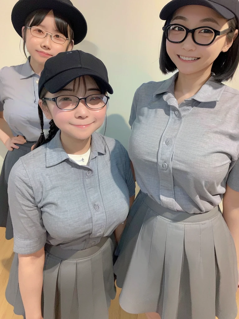 Highest quality、masterpiece、、Very detailed、Realistic、(Two Girls)、(Looking at me with a smile:1.5)、whole body、Small face、(Slender:1.2)、(Big Breasts)、Glasses、Braid、Erect nipples、(Hamburger shop clerk)、(Tight grey polyester shirt:1.3)、(Elegant black tight skirt:1.3)、(Black Hat:1.2)