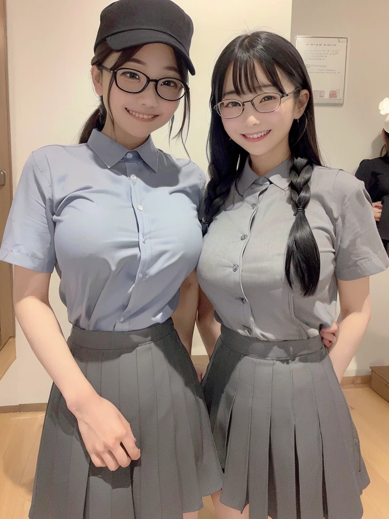 Highest quality、masterpiece、、Very detailed、Realistic、(Two Girls)、(Looking at me with a smile:1.5)、whole body、Small face、(Slender:1.2)、(Big Breasts)、Glasses、Braid、Erect nipples、Hamburger shop clerk、(Gray polyester shirt:1.1)、(Elegant black skirt:1.1)、Black Hat、apron、(She spreads her panties with both hands and shows them off.:1.4)