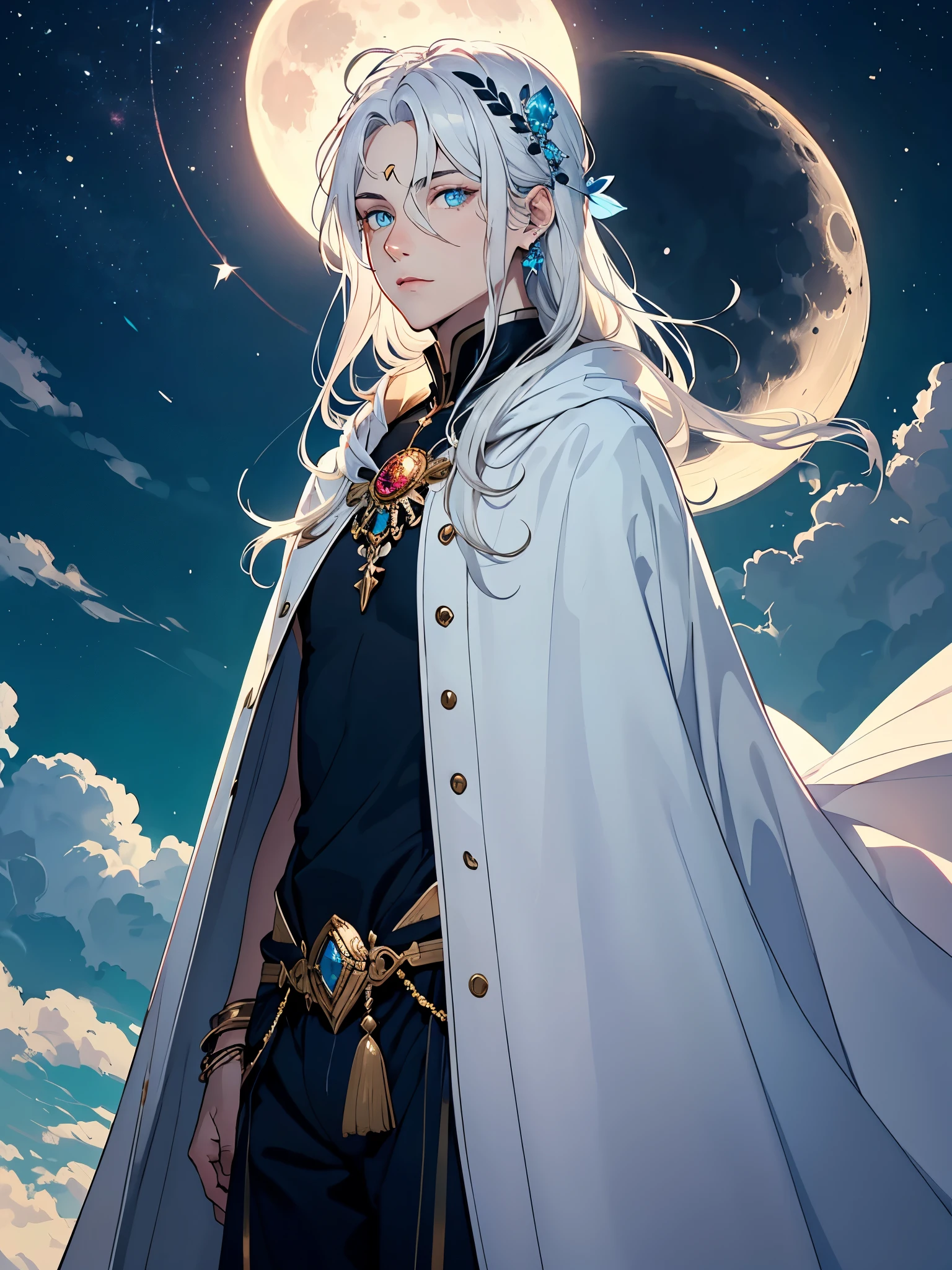 Weiblich. Long hair. long white hair. aquatic, boy, Goddess of the Moon, silver hair accessories, White hair, White dress, cape, at night, saturated colors, light eyes, bright, light blue light, blue eyes, Jewelry silver, bluish light, Full moon in the background, aquatic in der Luft rosa kerzen