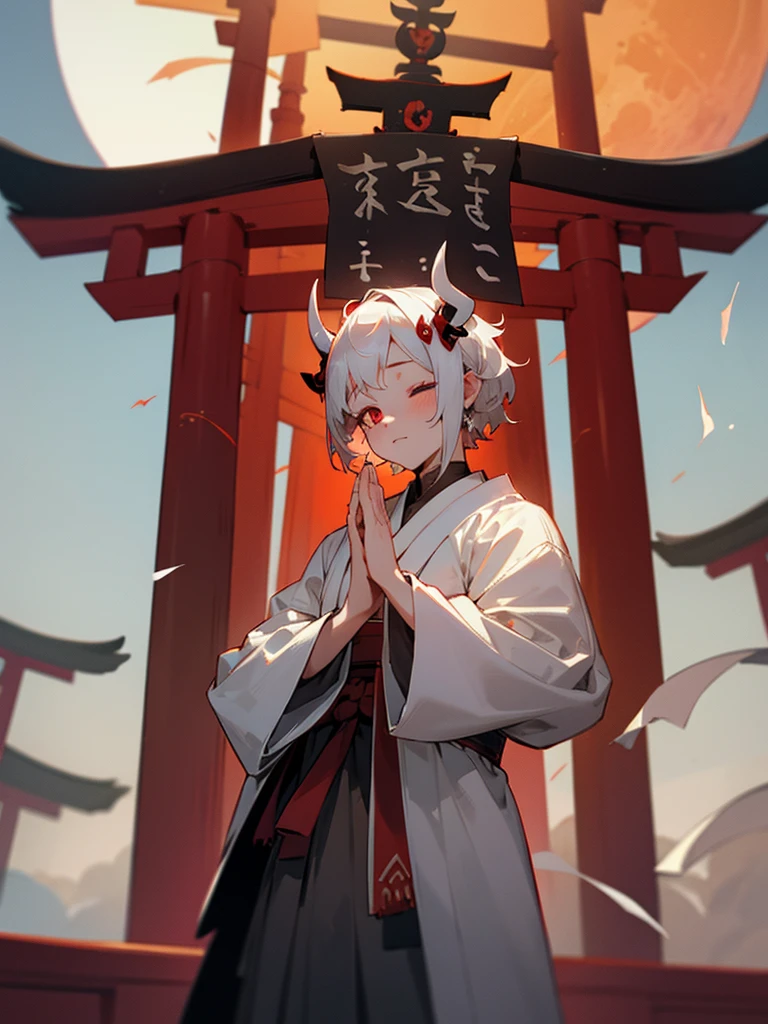 Buddha, white horns, white short curly hair, black armor, torii gate, man, full moon, hands together in prayer, evil eye