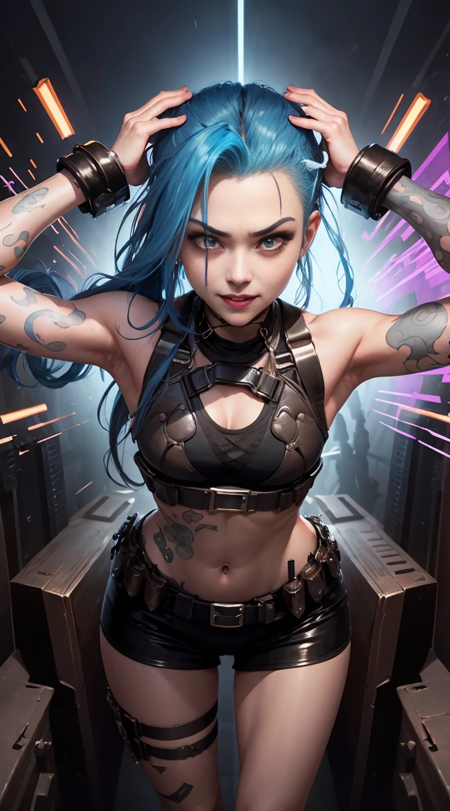 Jinx, Mysterious, crazy, Close-up photo、Inappropriate smile、Jojo pose、Turn your back to the camera、Rear View、despise、Full Body Lesbian、Toes、Unclear、Heavy machinery、Bulletproof vest、Rage、Glare、Raise your arms、dynamism、perspective、Strange Eyes