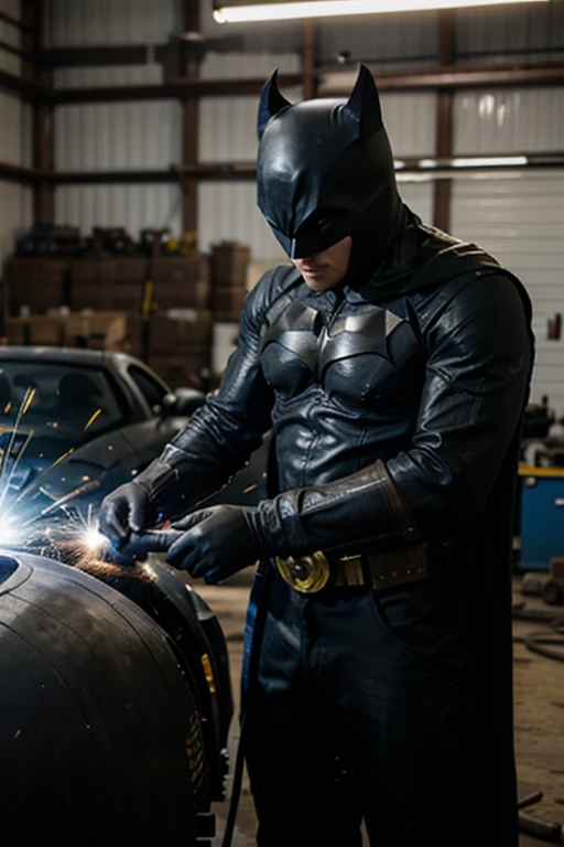 in a workshop welding on a batman car