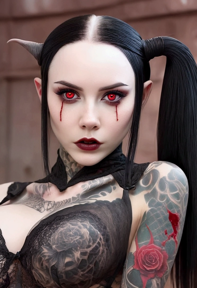 A dark elf (cute woman, pale white skin, large pointy ears, blood red eyes, large evil tattoos, sheer black lingerie), she is studying the glyphs in her summoning chamber, show all of her