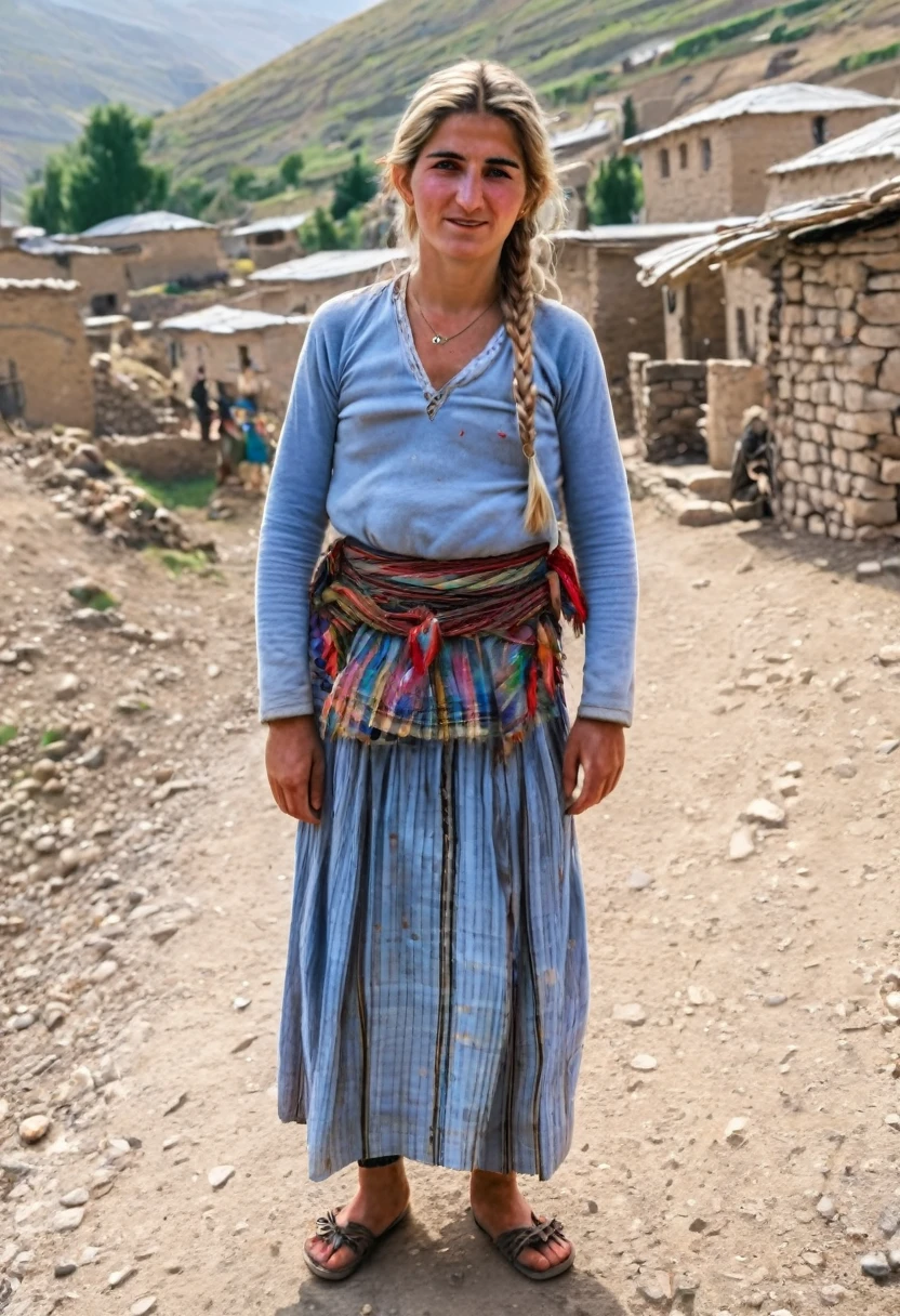 Blonde Kurdish woman standing in village 