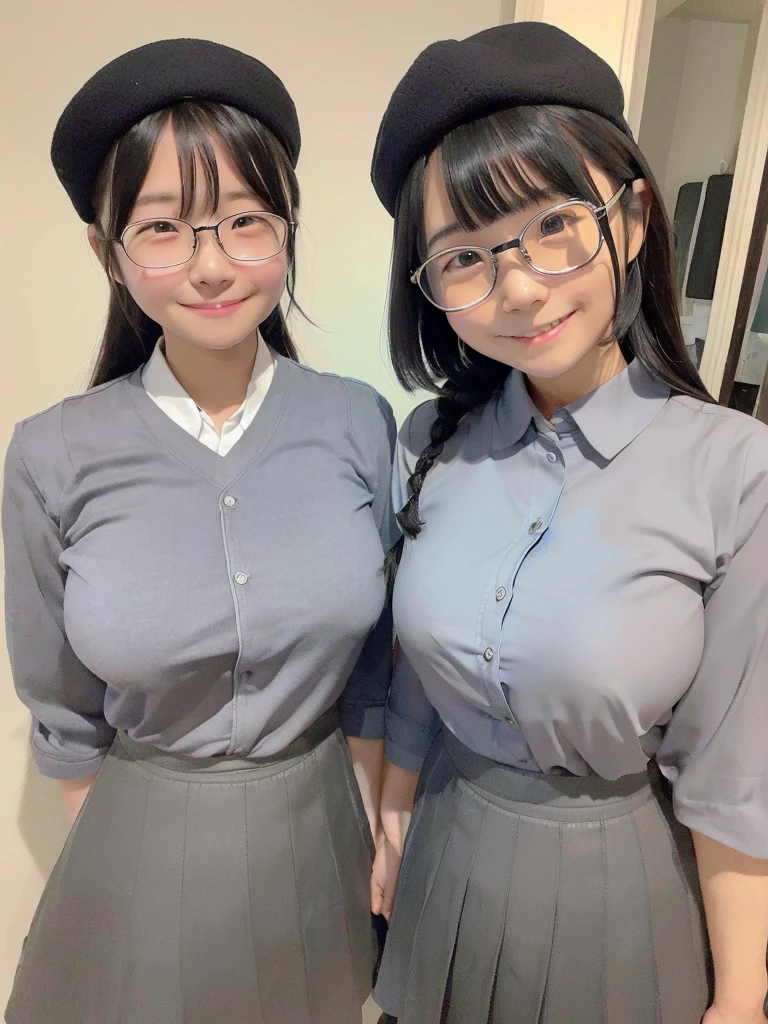 Highest quality、masterpiece、、Very detailed、Realistic、(Two Girls)、(Looking at me with a smile:1.5)、whole body、Small face、(Slender:1.2)、(Big Breasts)、Glasses、Braid、Erect nipples、(Hamburger shop clerk)、(Tight grey polyester shirt:1.3)、(Elegant black tight skirt:1.3)、(Black Hat:1.2)