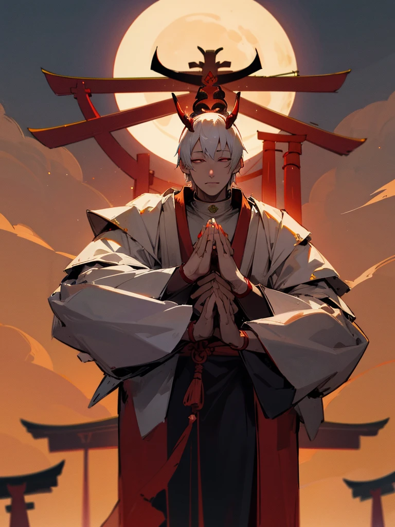 Buddha, horns, white short hair, black armor, torii gate, man, full moon, hands together in prayer, evil eye