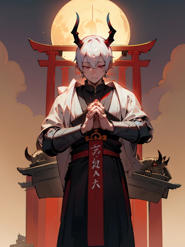 Buddha, horns, white short hair, black armor, torii gate, man, full moon, hands together in prayer, evil eye