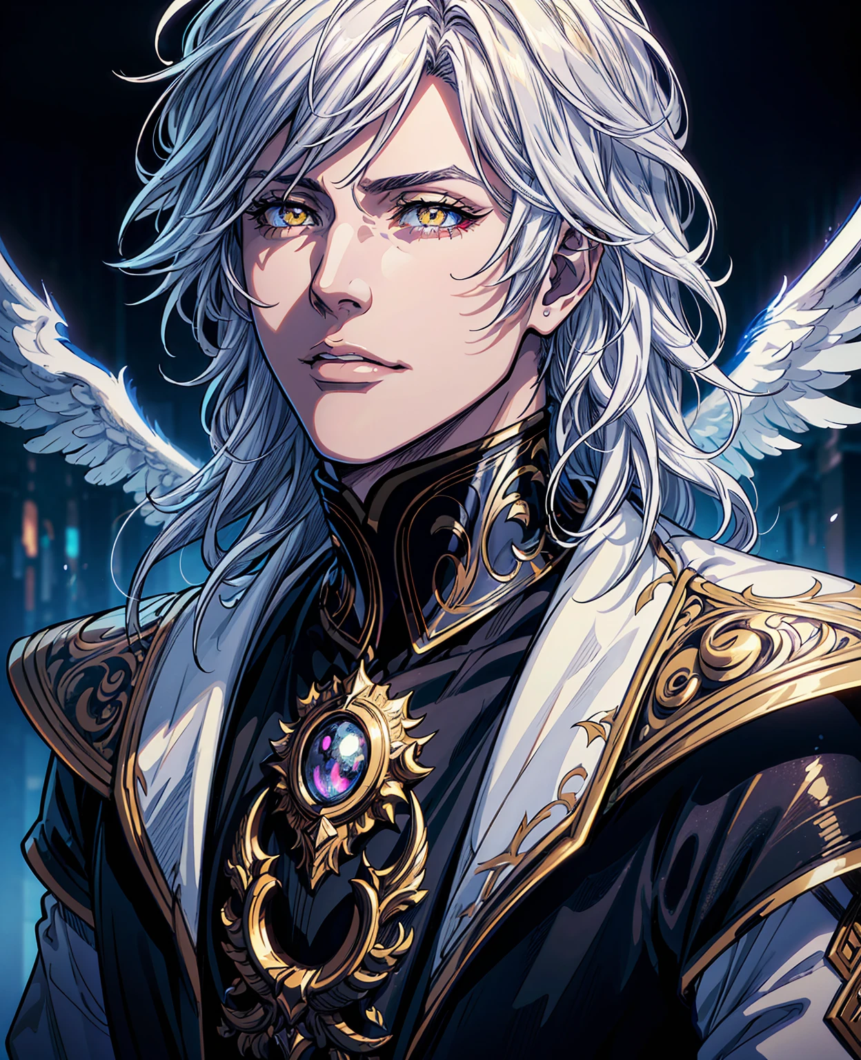 A young man with white messy hair, yellow eyes, beautiful detailed eyes, beautiful detailed lips, extremely detailed face, long eyelashes, portrait, oil painting, dramatic lighting, cinematic, dramatic shadows, fantasy, magical, colorful, vibrant, glowing eyes, ethereal, otherworldly, digital art, intricate details, hyper-realistic, 8k, masterpiece, best quality
