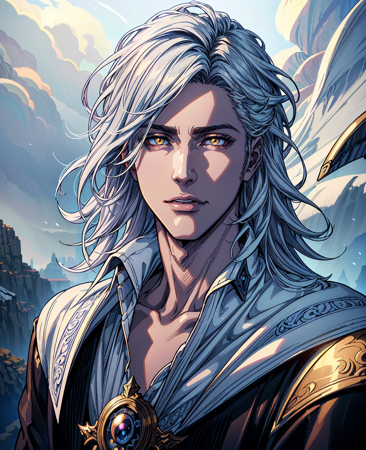 A young man with white messy hair, yellow eyes, beautiful detailed eyes, beautiful detailed lips, extremely detailed face, long eyelashes, portrait, oil painting, dramatic lighting, cinematic, dramatic shadows, fantasy, magical, colorful, vibrant, glowing eyes, ethereal, otherworldly, digital art, intricate details, hyper-realistic, 8k, masterpiece, best quality