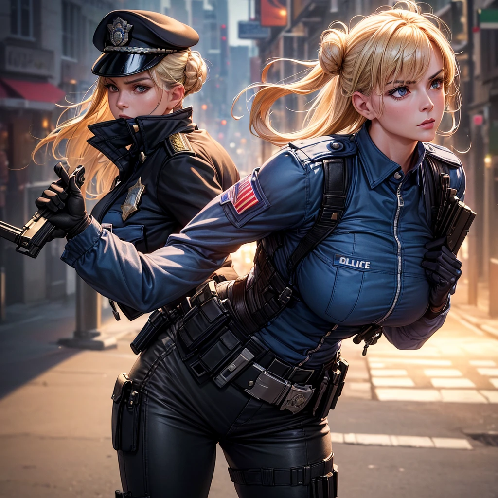 a realistic police woman, police uniform, black pants, police blue uniform with police emblems, military police beret, tactical combat boots, police belt, holding a pistol, blonde hair in military bun, serious expression looking at camera, on a street, (voluptuous bust 1.6), perfect body, (voluptuous hips 2.6), (best quality,4k,8k,highres,masterpiece:1.2),ultra-detailed,(realistic,photorealistic,photo-realistic:1.37),HDR,UHD,studio lighting,ultra-fine painting,sharp focus,physically-based rendering,extreme detail description,professional,vivid colors,bokeh,photography,(back view)