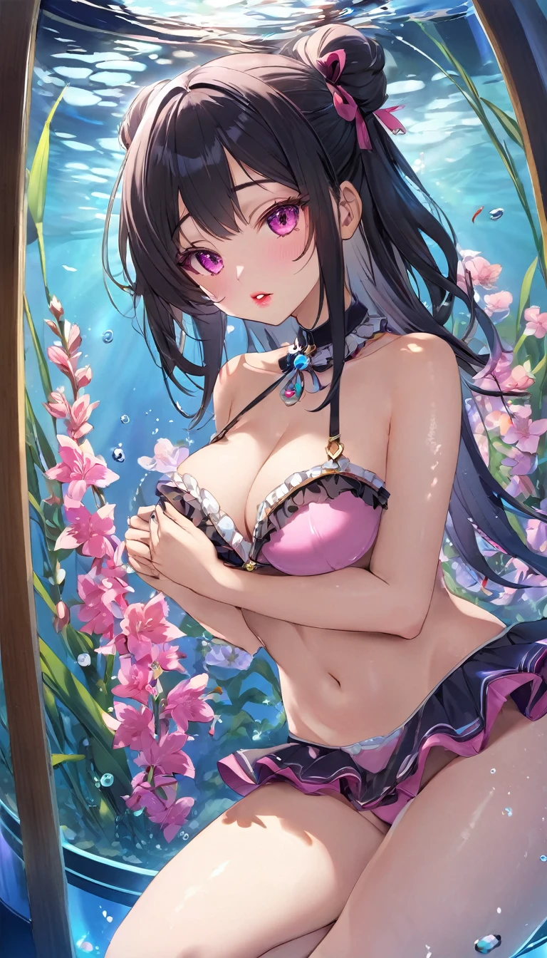 {{{{{16k}}}}}, {{{{{She is in her prime as a woman both physically and sexually and she gives off an overwhelmingly alluring aura kneeling down with her eyes upward and her long tongue out for a technical caress, transforming a Japanese girl with a cutely pussy into her facial rank to the SSS rank of top-notch pretty actresses, She's in a cylindrical aquarium filled with female hormone fluid with a control panel that allows her to change the shape and appearance and personality of the girl inside at will, The oil of glowing flowers is poured into the aquarium and she is turned into a beautiful herbarium, When the control panel under the aquarium was adjusted to a innocent beautiful big-breasted with tight cleavage slender underbusted personality girl her appearance changed to a cutely innocent and gentle look, She was a but after being locked in a aquarium for four years and injected daily with beauty-enhancing hormones she grew into a 16-year-old girl purd fetish for lips and necks and waistlines, The lush growing tits and waistline of a 16 year old ripen quickly when the control panel is moved to a 20 year old and we see her in her prime as a woman, her clearer nip line from underbust to hips, she grew up she became pretty face like an idol, Her too-beautiful rounded tits wrapped in her separates frills pastel colored bikini, Her hair is replaced by a bang long glossy very Straight black hair, The growing body is reproduced with sex-loving, thick vivid lips, Her gasps echoing through the water, She transforms her into a cute once-in-a-millennium}}}}},{{Extremely detailed}},{{{{{integrated her head small, Enchanting Too thick and erotic deep pink lips, Her thickened lips shimmer with luster}}}}},{{{{{Her tattoos spread all over her body, She is tattooed with lewd flowers on her neck, arms, lower abdomen, thighs}}}}}