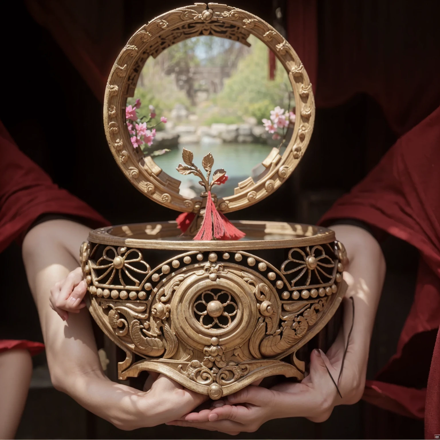a beautiful young girl in ancient Chinese dress, intricate detailed embroidery, delicate features, large expressive eyes, long flowing hair, serene expression, standing in an ancient Chinese garden, ornate stone bridges, pagodas, cherry blossoms, (best quality,4k,8k,highres,masterpiece:1.2),ultra-detailed,(realistic,photorealistic,photo-realistic:1.37),depth of field,epic,cinematic,octane render,feiyufu