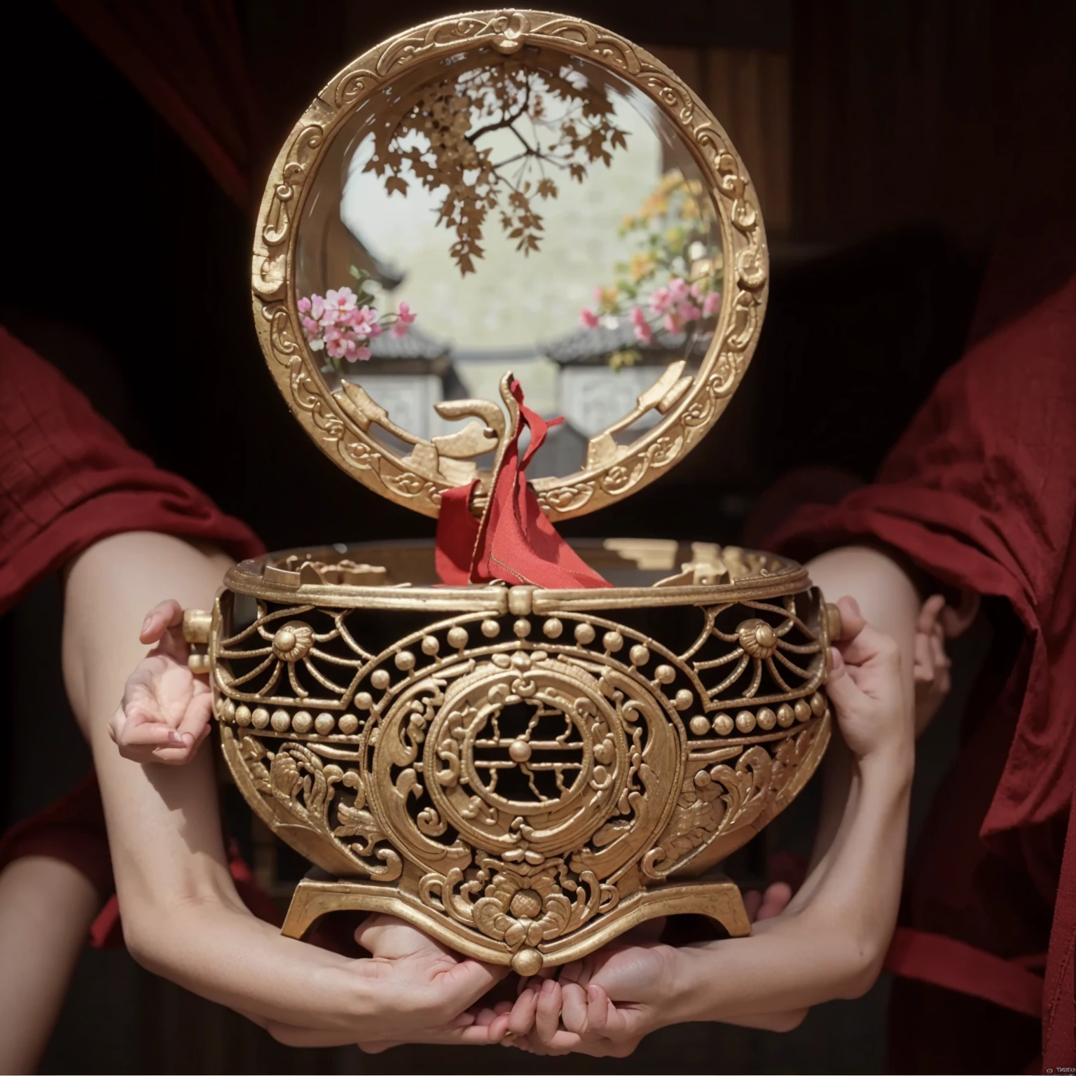 a beautiful young girl in ancient Chinese dress, intricate detailed embroidery, delicate features, large expressive eyes, long flowing hair, serene expression, standing in an ancient Chinese garden, ornate stone bridges, pagodas, cherry blossoms, (best quality,4k,8k,highres,masterpiece:1.2),ultra-detailed,(realistic,photorealistic,photo-realistic:1.37),depth of field,epic,cinematic,octane render,feiyufu