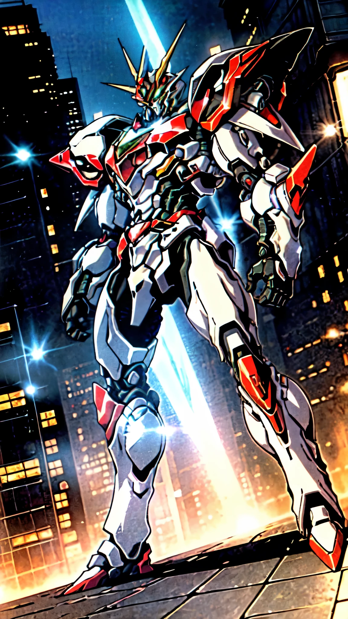 (masterpiece:1.5, best quality:1.5, extremely delicate:1.5, foreshortening:1.5, dynamic angle:1.5), a man wearing a full-face helmet, a fantasy-style biotech armored combat suit, green eyes, (a composite layered chest armor), fully enclosed shoulder guards, matching arm and leg guards, the belt is adorned with neon circuitry, (the color scheme is primarily red with black green accents), the design balances heavy with agility, a high-tech bio-mecha armor, (Armor Concept Inspired by neon Cyberpunk, stand on the top of a skyscraper in a futuristic sci-fi city), this character embodies a finely crafted fantasy-surreal style armored hero in anime style, exquisite and mature manga art style, (element, plasma, energy, the armor glows), ((male:1.5)), metallic, high definition, highres, ultra-detailed, ultra-fine painting, professional, perfect body proportions, golden ratio, anatomically correct, symmetrical face, extremely detailed eyes and face, high quality eyes, creativity, RAW photo, UHD, 32k, Natural light, cinematic lighting, masterpiece-anatomy-perfect