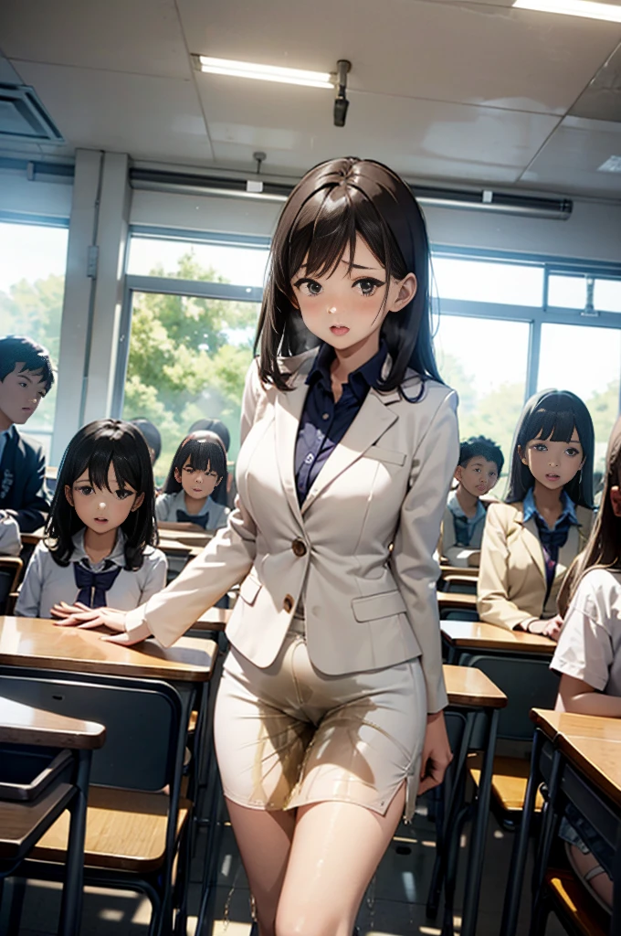 Female teacher pees in group photo、When taking a group photo with many students, only the female teacher pees、There are many students behind the female teacher.、The students are facing the same direction as the female teacher、Urinary incontinence、peeing herself、A lot of pee、From below、White Suit、White Mini Skirt、White High Heels、Perfect figure、Extremely beautiful、Peeing while standing upright、Steam rising from the pee、Female teacher is embarrassed、Many students are looking at the female teacher