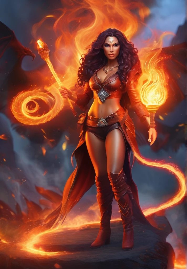 a beautiful and strong fire sorceress with the powers of volcanic might summoning fire and lava around her with fire red long hair wearing leather thigh high boots and leather mini shorts, holding a magic staff and casting fire a fireball spell, while her hair is on fire and has a baby indigo dragon on her shoulders and a spellbook on her hip, wearing a feathered cloack around her shoulders