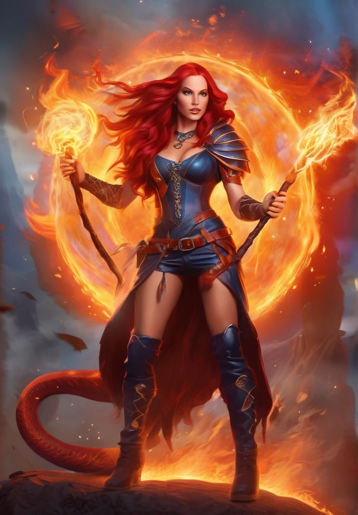 a beautiful and strong fire sorceress with the powers of volcanic might summoning fire and lava around her with fire red long hair wearing leather thigh high boots and leather mini shorts, holding a magic staff and casting fire a fireball spell, while her hair is on fire and has a baby indigo dragon on her shoulders and a spellbook on her hip, wearing a feathered cloack around her shoulders