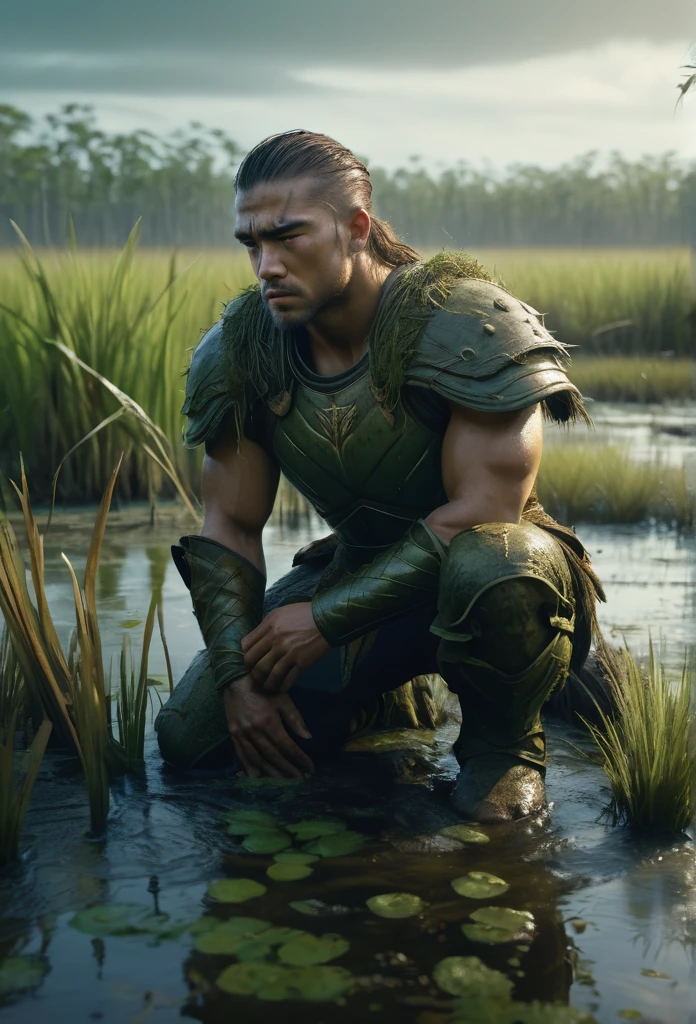 a powerful warrior kneeling in a swampy marsh, eyes closed, listening intently to the environment, detailed face and muscular body, cinematic lighting, muted color palette, dramatic atmosphere, photorealistic, highly detailed, 8k, masterpiece