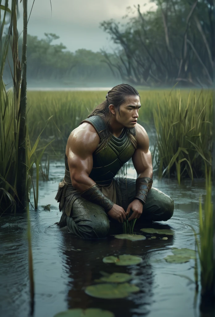 a powerful warrior kneeling in a swampy marsh, eyes closed, listening intently to the environment, detailed face and muscular body, cinematic lighting, muted color palette, dramatic atmosphere, photorealistic, highly detailed, 8k, masterpiece